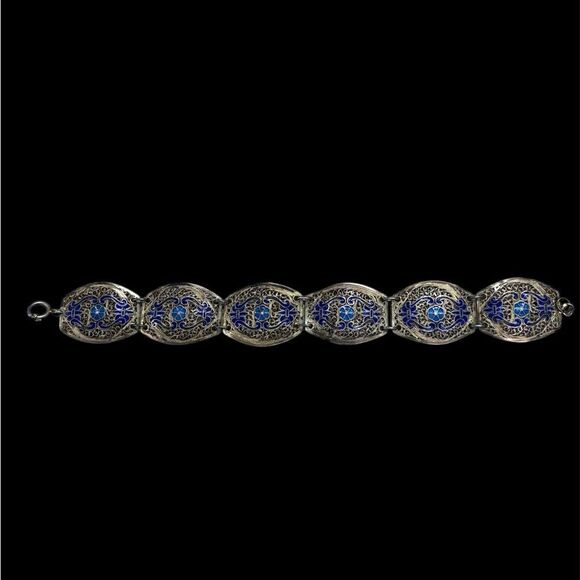 Art Deco Vintage Filigree Bracelet with Blue Enamel Details 7” - Picture 1 of 2